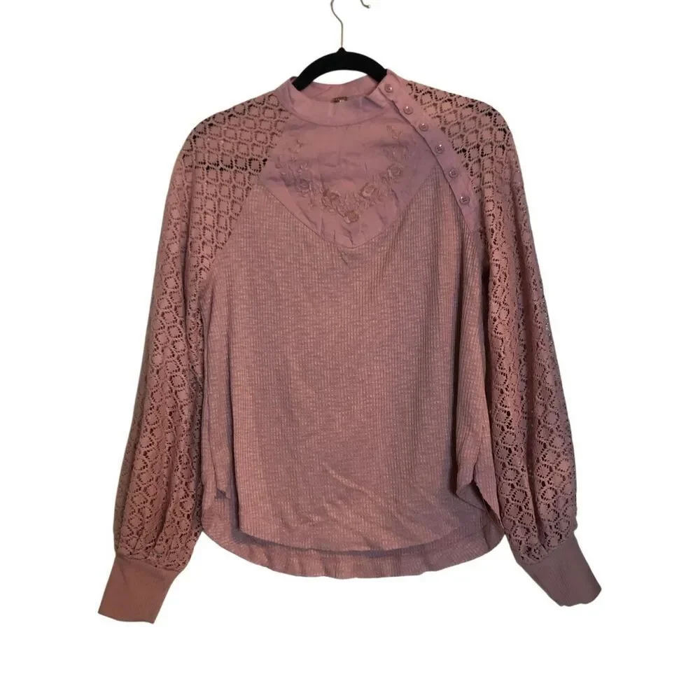NWT Free People Crochet Balloon Sleeves Waffle Knot Top XS  Mixed-media Boho emb